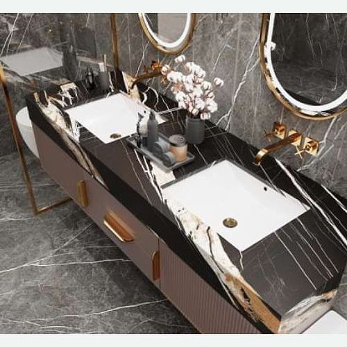 Installed Newmatic ROMAN Sintered Stone Countertop in a Modern Bathroom