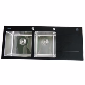Newmatic Stainless Steel and Tempered Glass Kitchen Sink, Double H120-PRO