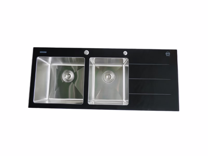 Newmatic Stainless Steel and Tempered Glass Kitchen Sink, Double H120-PRO