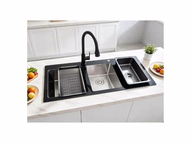 Installed Newmatic H120-PRO Kitchen Sink with Deep Double Bowls-Stainless Steel and Tempered Glass