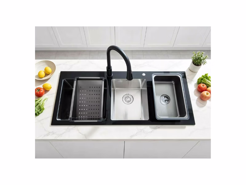 Newmatic Stainless Steel and Tempered Glass Kitchen Sink, Double H120-PRO